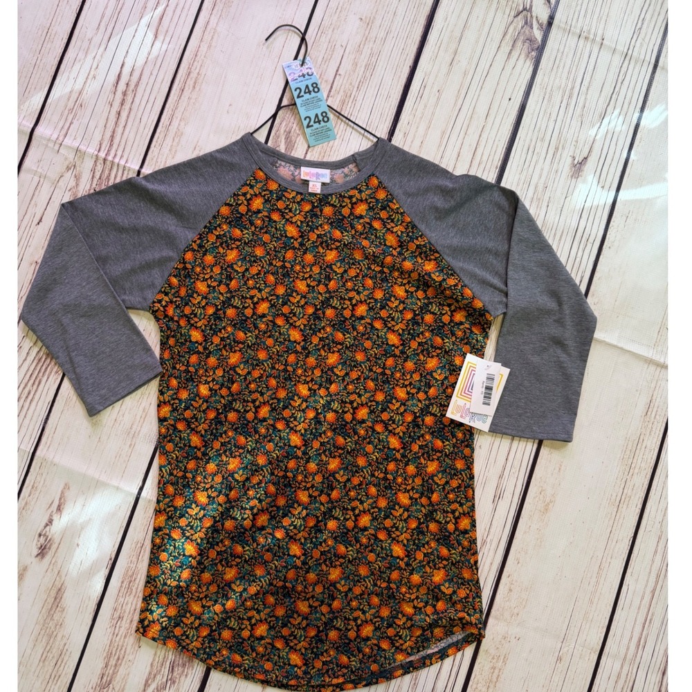 LuLaRoe Randy Baseball Tee XS Floral Print Gray Raglan 3/4 Sleeve Knit Top NWT